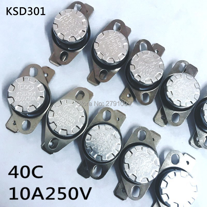 KSD301 40C NC NO 10A 250V 정상 폐쇄 정상 개방 40 도 일정한 온도 없음 온도 제어 스위치 퓨즈, 10 개